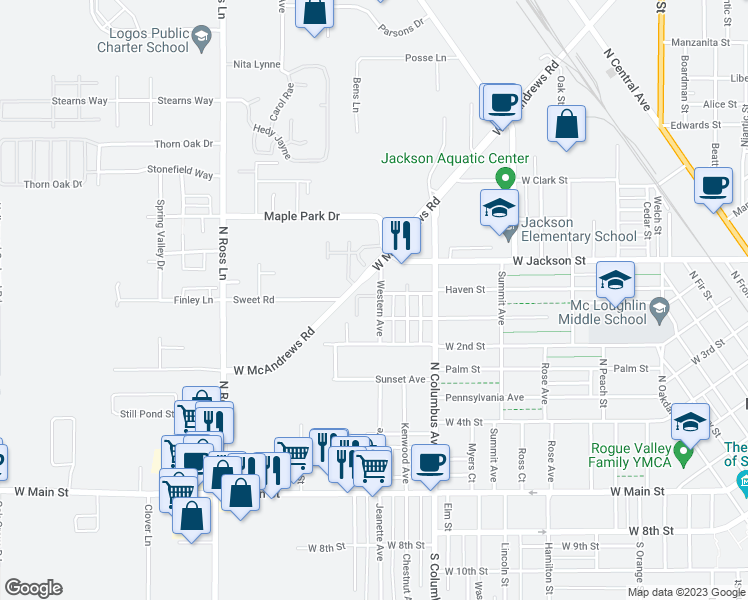 map of restaurants, bars, coffee shops, grocery stores, and more near 521 Western Avenue in Medford