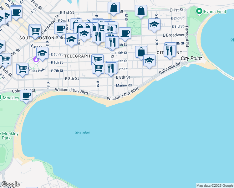 map of restaurants, bars, coffee shops, grocery stores, and more near 1716 Columbia Road in Boston