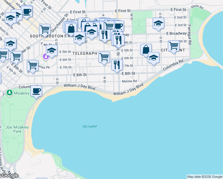 map of restaurants, bars, coffee shops, grocery stores, and more near 406 K Street in Boston