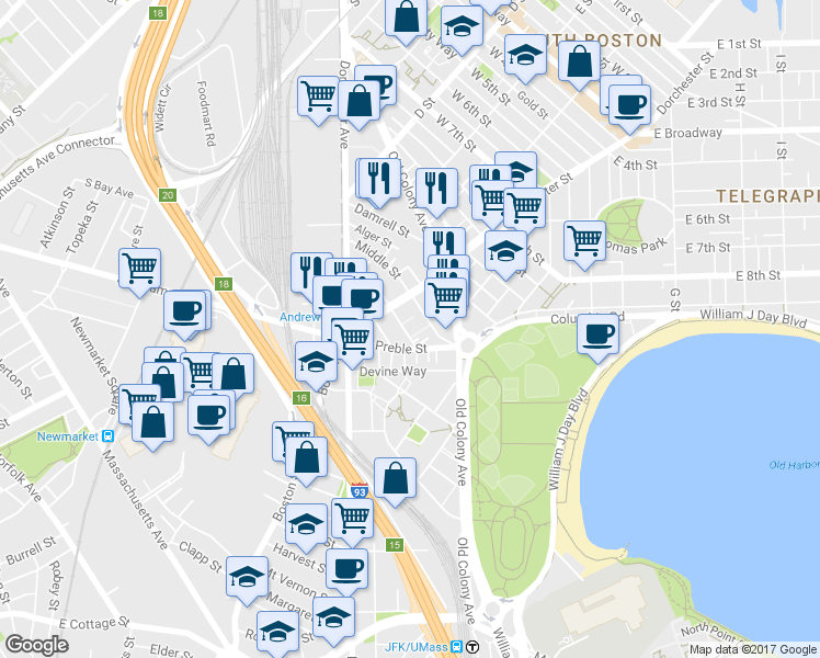 map of restaurants, bars, coffee shops, grocery stores, and more near 15 Ward Street in Boston