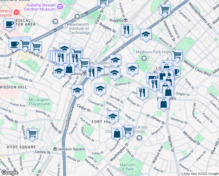 map of restaurants, bars, coffee shops, grocery stores, and more near 13 Centre Street in Boston
