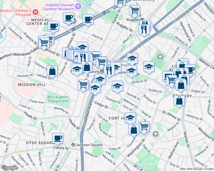 map of restaurants, bars, coffee shops, grocery stores, and more near 270 Roxbury Street in Boston