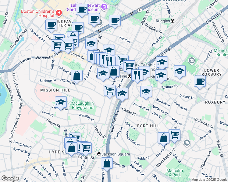 map of restaurants, bars, coffee shops, grocery stores, and more near 40 Terrace Street in Boston
