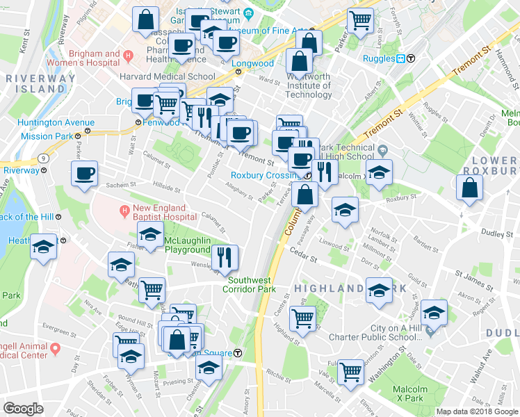 map of restaurants, bars, coffee shops, grocery stores, and more near in Boston