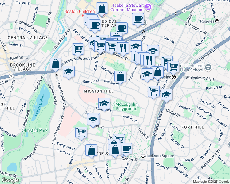 map of restaurants, bars, coffee shops, grocery stores, and more near 5 Iroquois Street in Boston