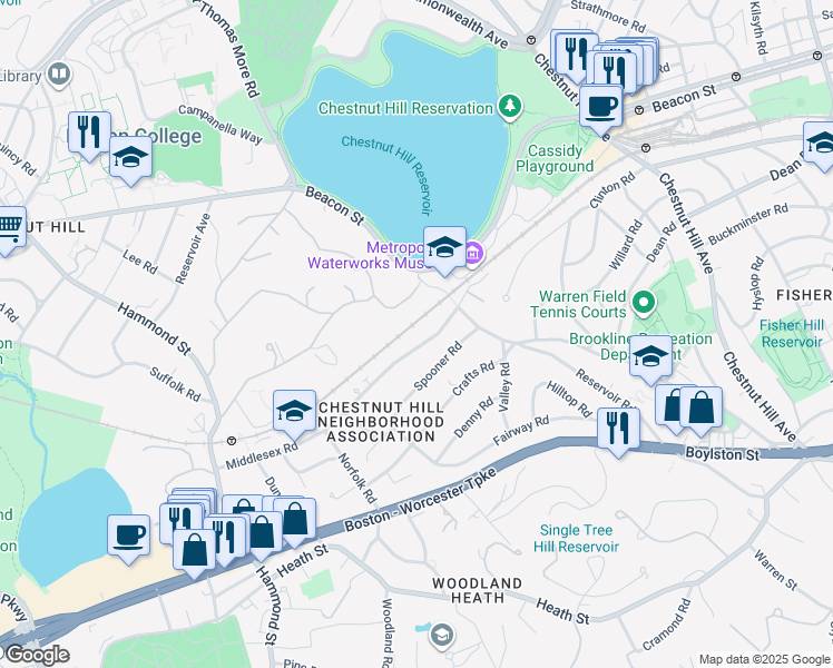 map of restaurants, bars, coffee shops, grocery stores, and more near 218 Middlesex Road in Brookline