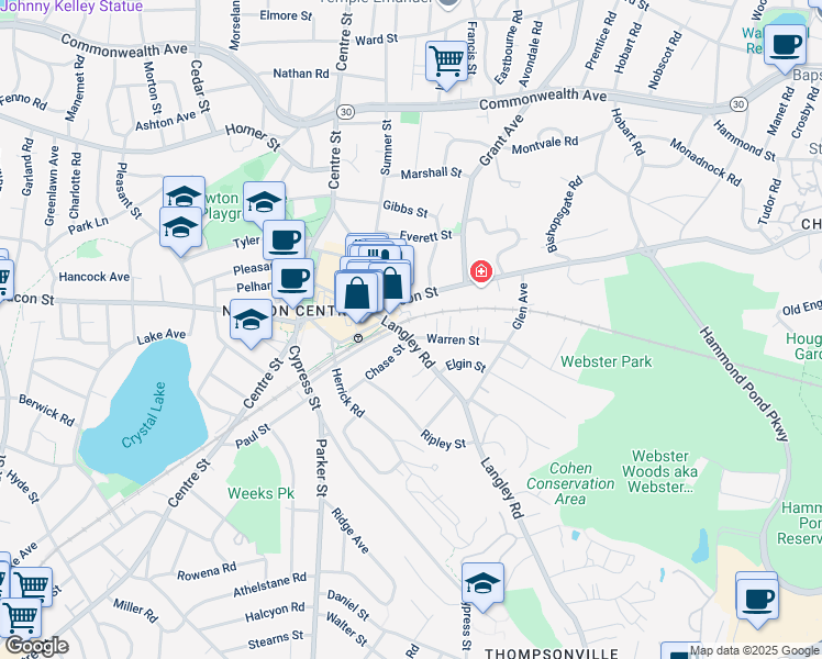 map of restaurants, bars, coffee shops, grocery stores, and more near 175 Warren Street in Newton
