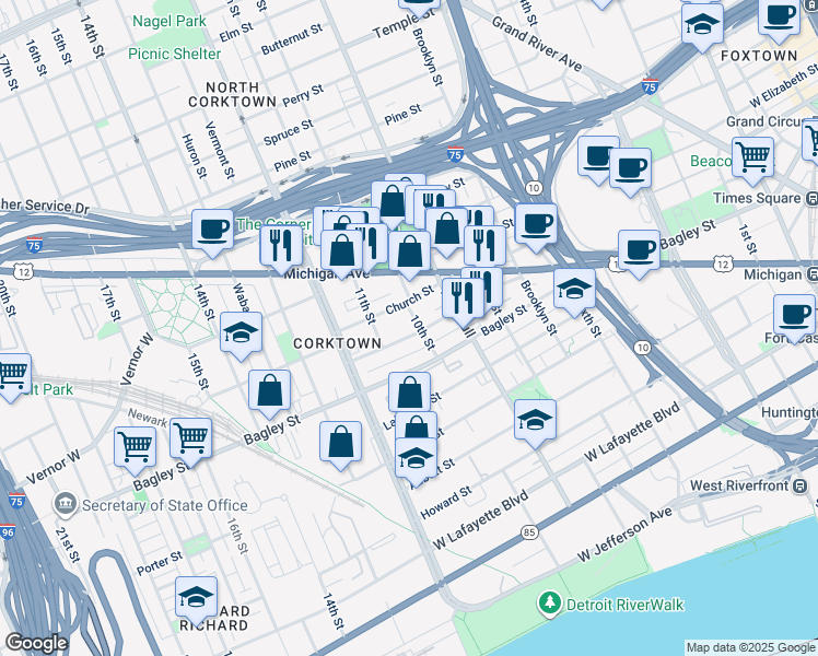 map of restaurants, bars, coffee shops, grocery stores, and more near 1635 Church Street in Detroit