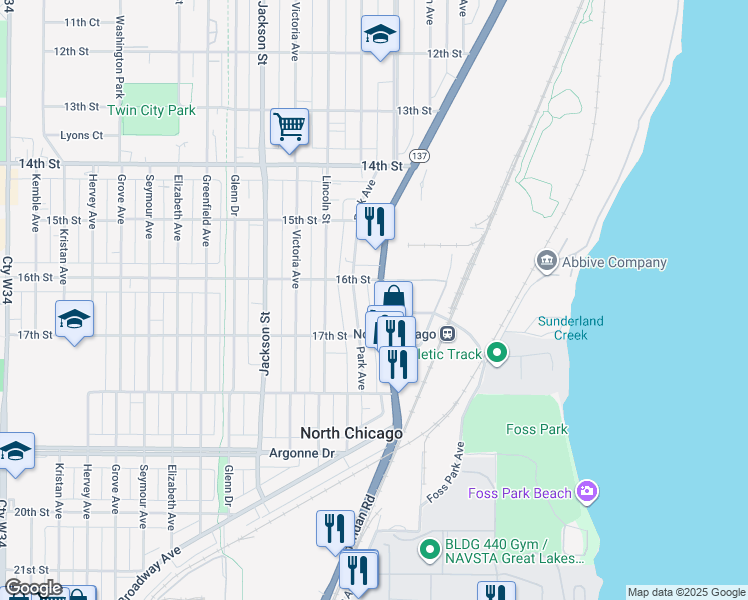map of restaurants, bars, coffee shops, grocery stores, and more near 1610 Sheridan Road in North Chicago