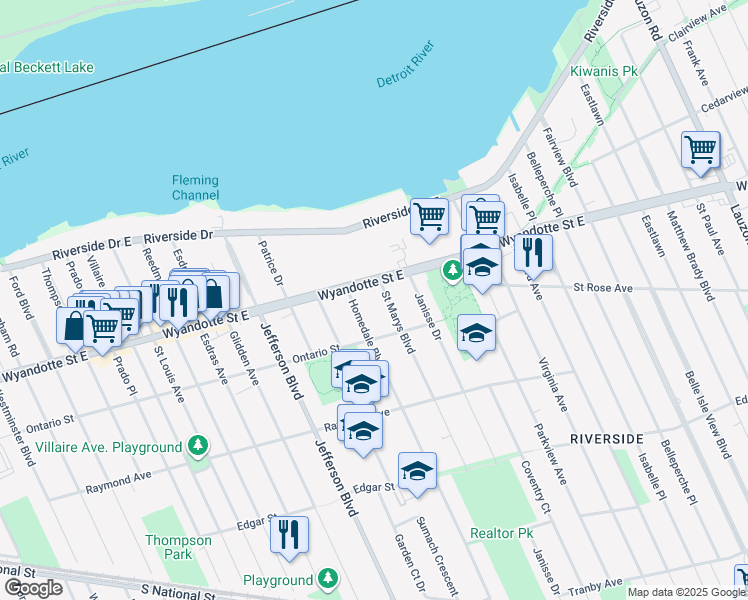 map of restaurants, bars, coffee shops, grocery stores, and more near 831 Saint Marys Boulevard in Windsor