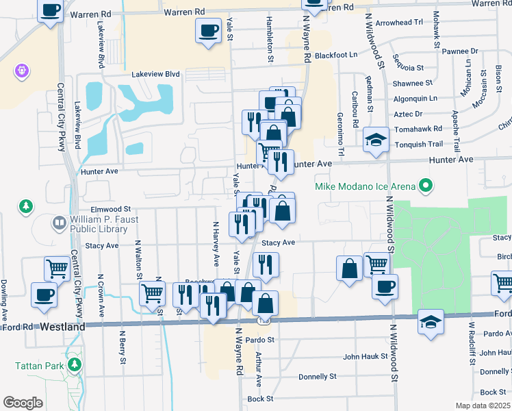 map of restaurants, bars, coffee shops, grocery stores, and more near 6149 Elmwood Street in Westland