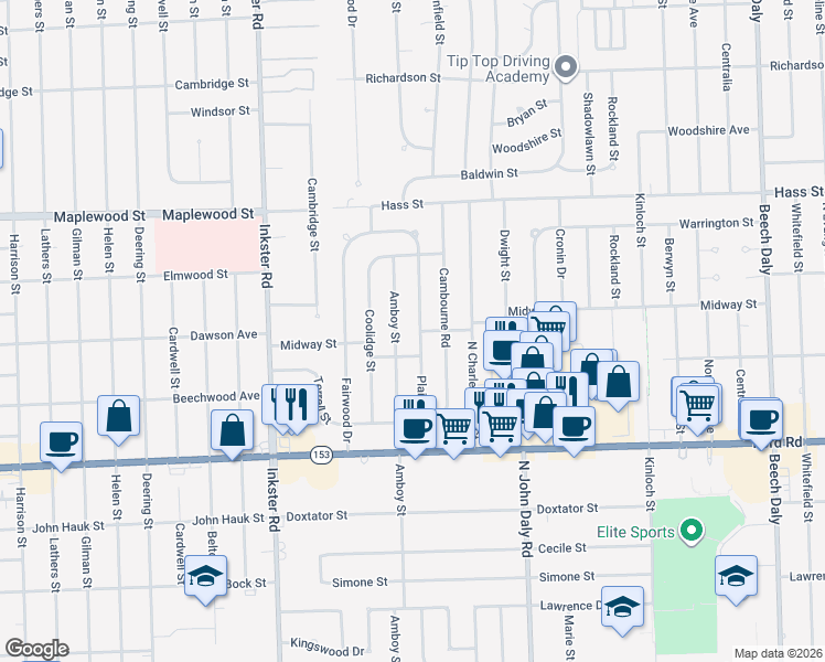 map of restaurants, bars, coffee shops, grocery stores, and more near 6014 Plainfield Street in Dearborn Heights