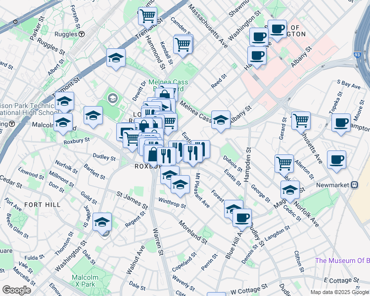 map of restaurants, bars, coffee shops, grocery stores, and more near 6 Bethune Way in Boston