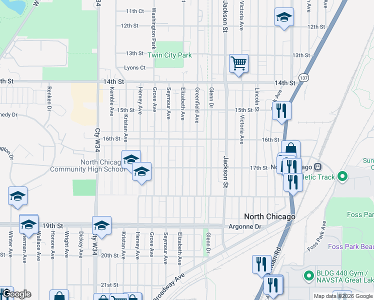map of restaurants, bars, coffee shops, grocery stores, and more near 1612 Elizabeth Avenue in North Chicago