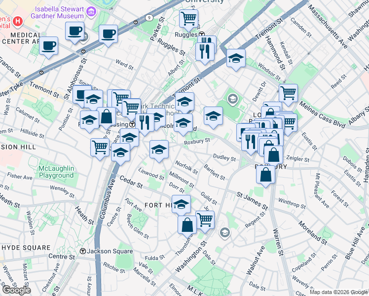 map of restaurants, bars, coffee shops, grocery stores, and more near John Eliot Square in Boston