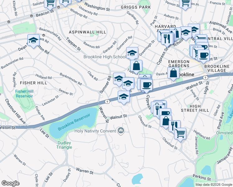 map of restaurants, bars, coffee shops, grocery stores, and more near 36 Philbrick Road in Brookline