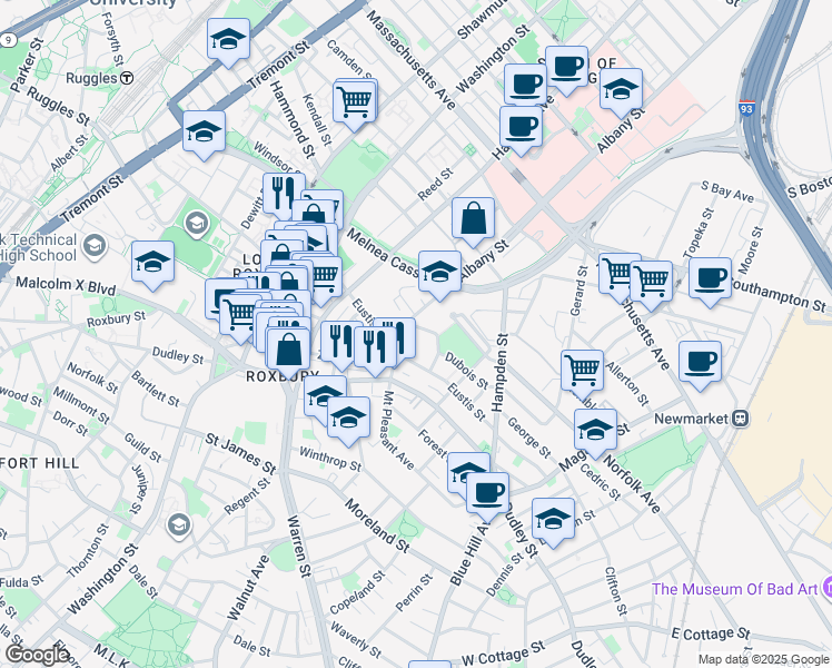 map of restaurants, bars, coffee shops, grocery stores, and more near 2 Dearborn Street in Boston