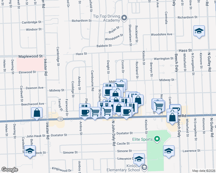 map of restaurants, bars, coffee shops, grocery stores, and more near 26705 Midway Street in Dearborn Heights