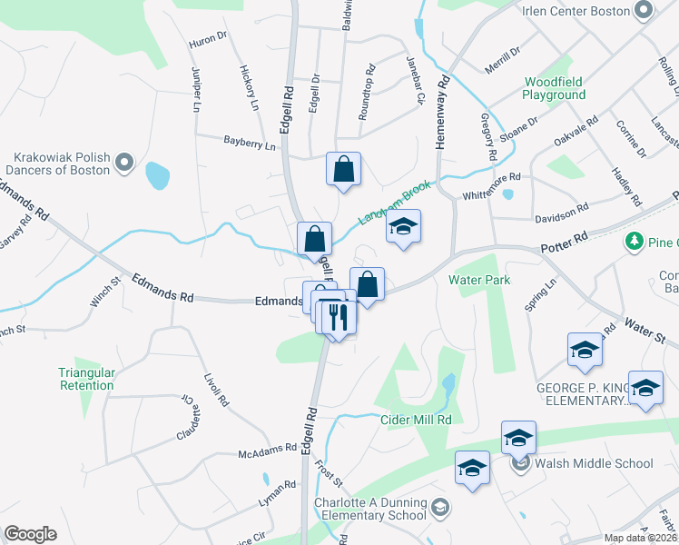 map of restaurants, bars, coffee shops, grocery stores, and more near 915 Edgell Road in Framingham