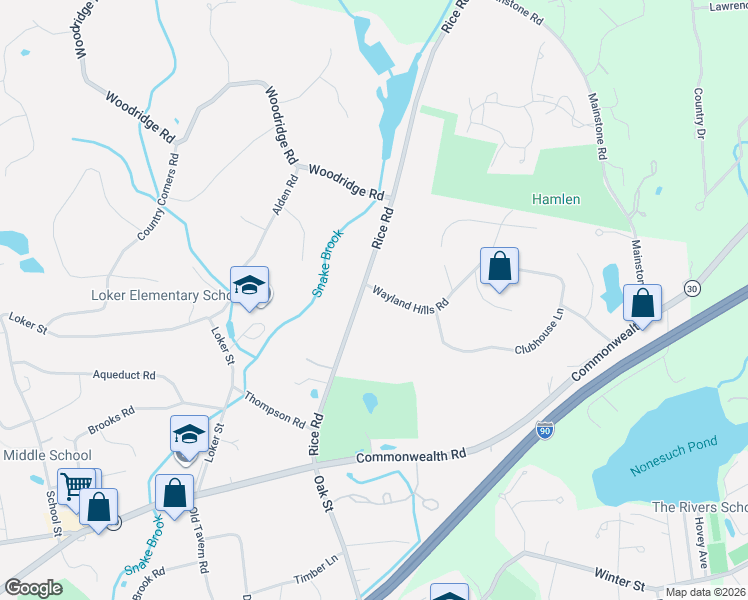 map of restaurants, bars, coffee shops, grocery stores, and more near 5 Wayland Hills Road in Wayland
