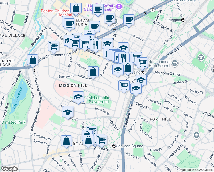 map of restaurants, bars, coffee shops, grocery stores, and more near 60 Hillside Street in Boston