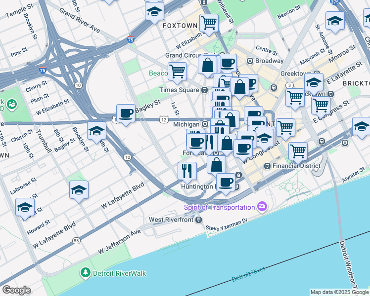 map of restaurants, bars, coffee shops, grocery stores, and more near 550 West Lafayette Boulevard in Detroit