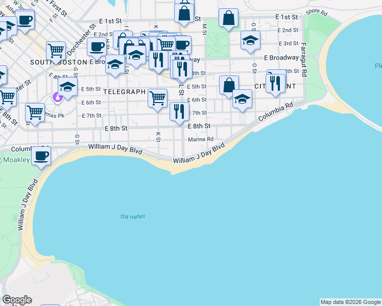 map of restaurants, bars, coffee shops, grocery stores, and more near 1716 Columbia Road in Boston