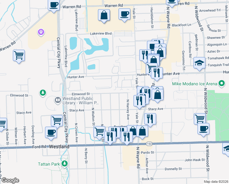 map of restaurants, bars, coffee shops, grocery stores, and more near 6241 Hunter Pointe Street in Westland