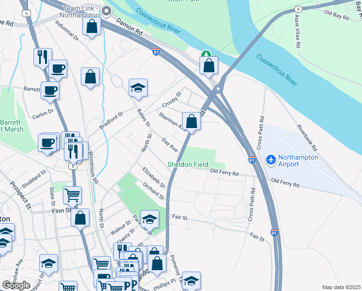 map of restaurants, bars, coffee shops, grocery stores, and more near 300 Bridge Street in Northampton