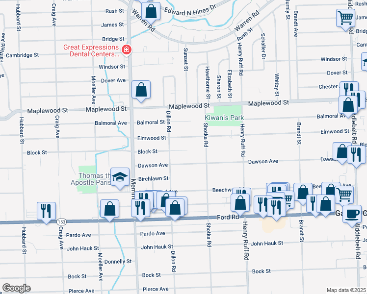 map of restaurants, bars, coffee shops, grocery stores, and more near 30858 Block Street in Garden City