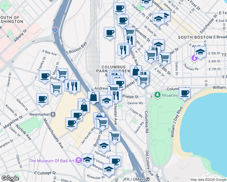 map of restaurants, bars, coffee shops, grocery stores, and more near 395 Dorchester Street in Boston