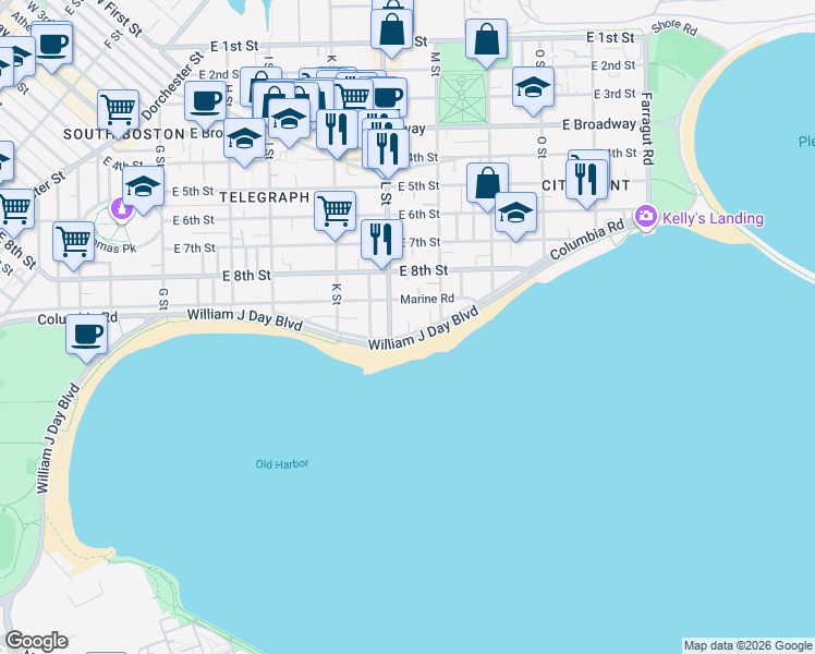 map of restaurants, bars, coffee shops, grocery stores, and more near 1716 Columbia Road in Boston