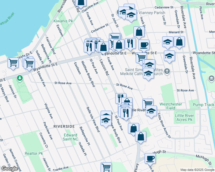 map of restaurants, bars, coffee shops, grocery stores, and more near 7845 Saint Rose Avenue in Windsor