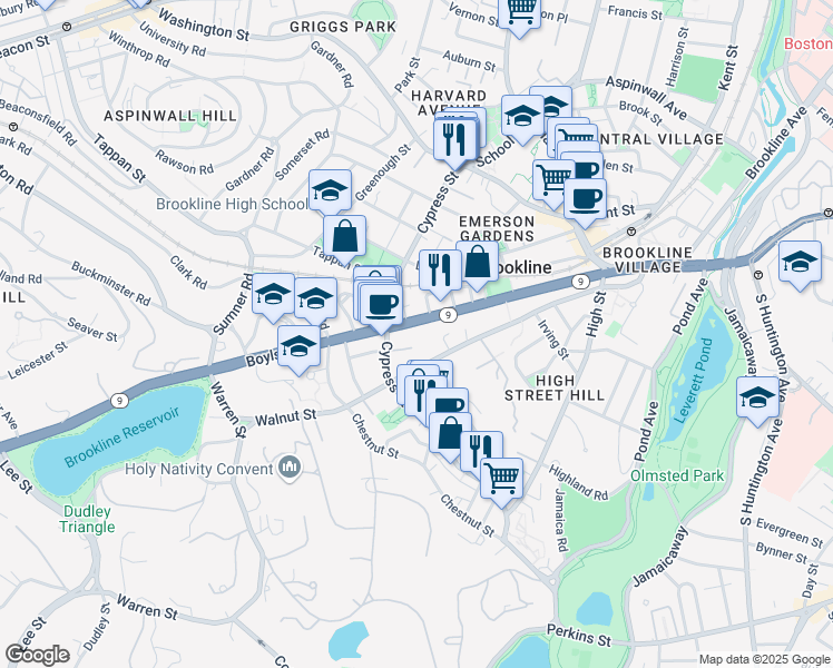 map of restaurants, bars, coffee shops, grocery stores, and more near 308 Boylston Street in Brookline