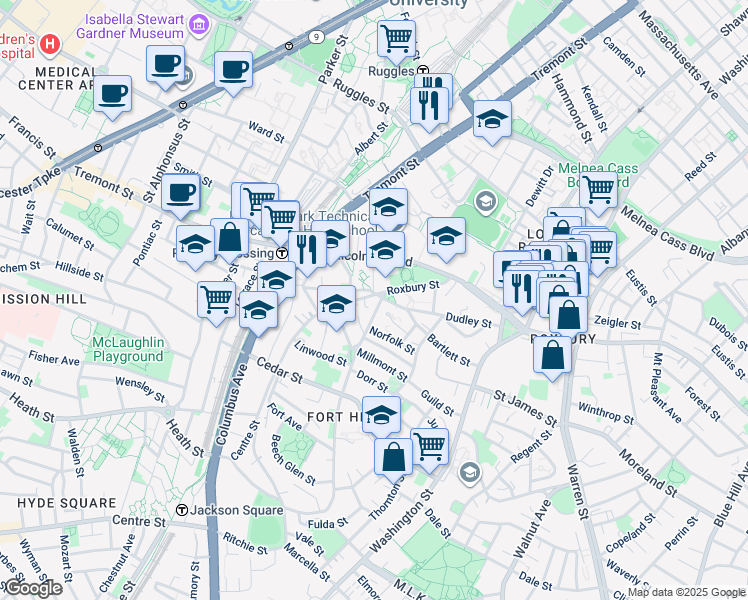 map of restaurants, bars, coffee shops, grocery stores, and more near 42B Centre Street in Boston