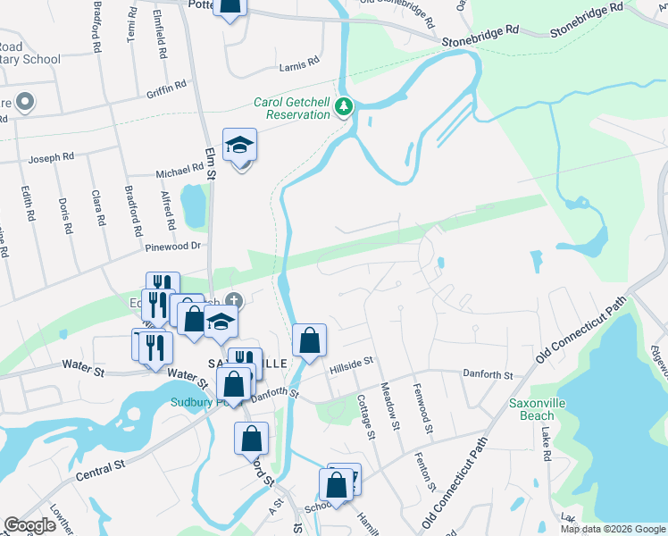 map of restaurants, bars, coffee shops, grocery stores, and more near 52 Oxbow Road in Framingham