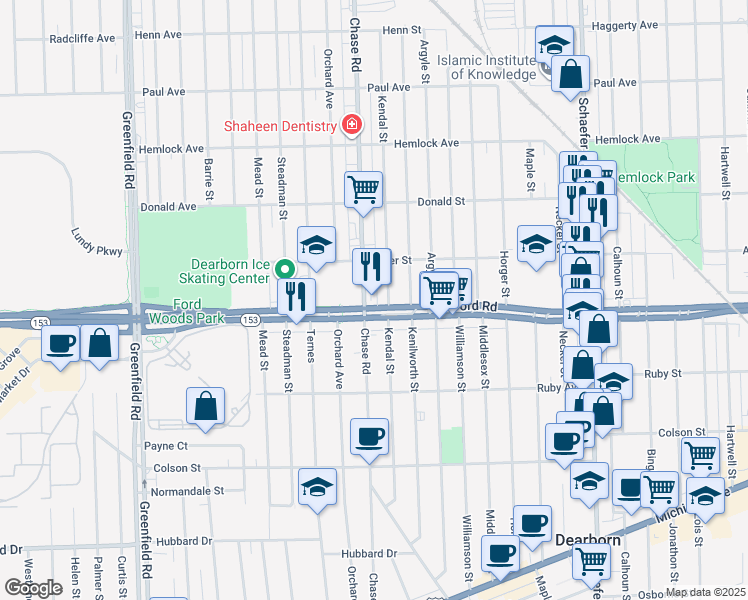 map of restaurants, bars, coffee shops, grocery stores, and more near 14540 Ford Road in Dearborn