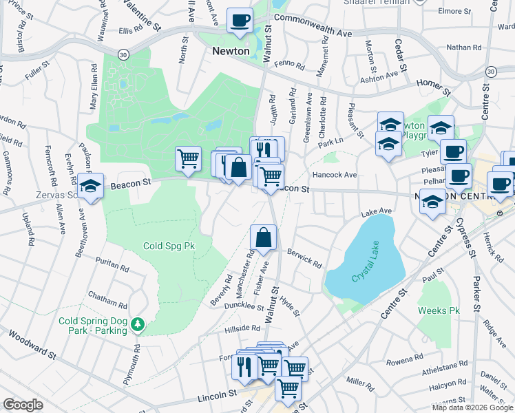 map of restaurants, bars, coffee shops, grocery stores, and more near 19 Carthay Circle in Newton