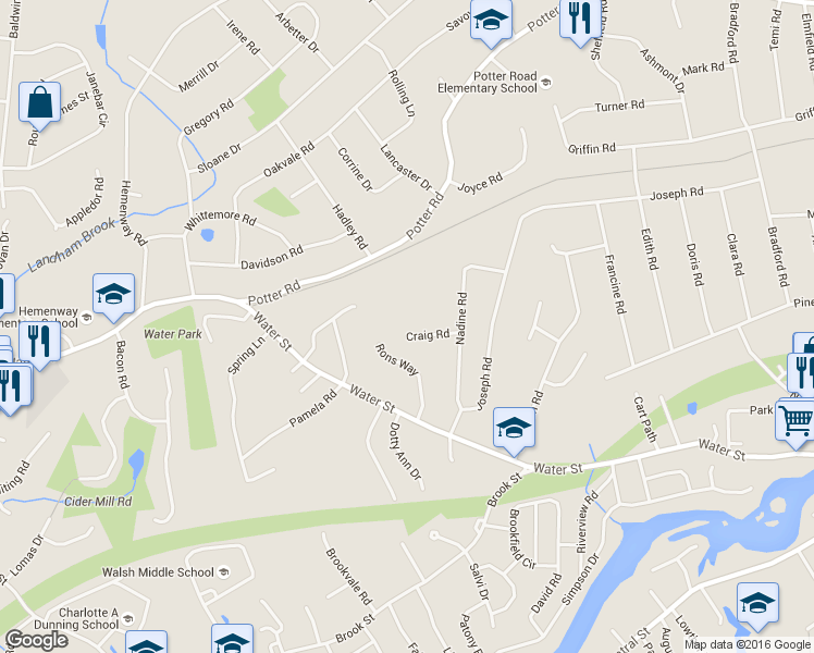 map of restaurants, bars, coffee shops, grocery stores, and more near 13 Craig Road in Framingham