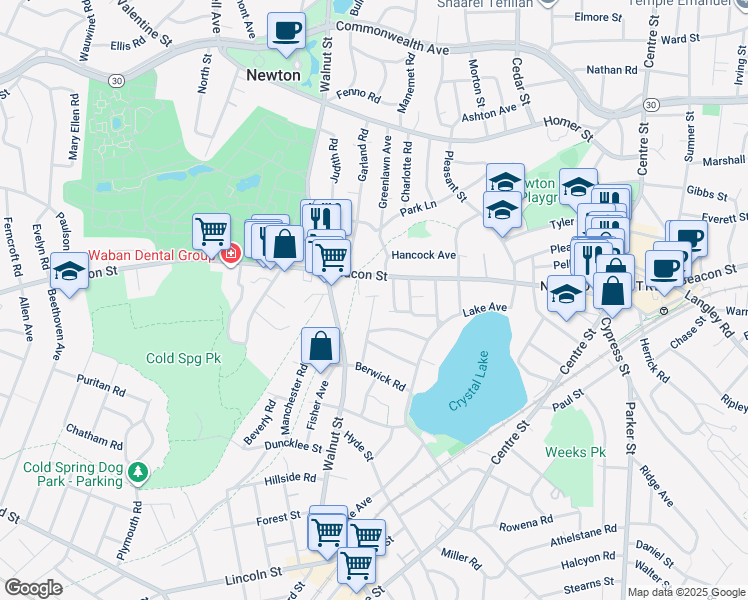 map of restaurants, bars, coffee shops, grocery stores, and more near 62 Pine Crest Road in Newton
