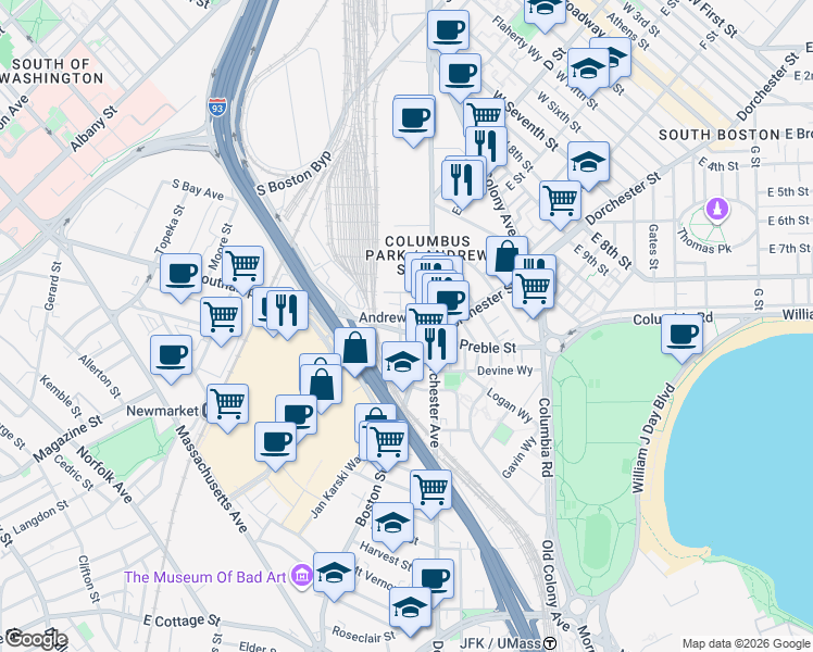 map of restaurants, bars, coffee shops, grocery stores, and more near 496 Southampton Street in Boston