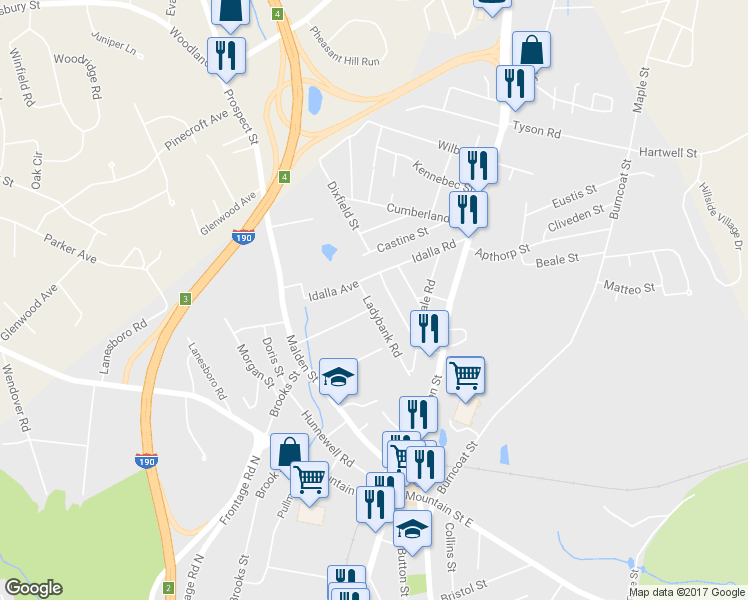 map of restaurants, bars, coffee shops, grocery stores, and more near 42 Ladybank Road in Worcester