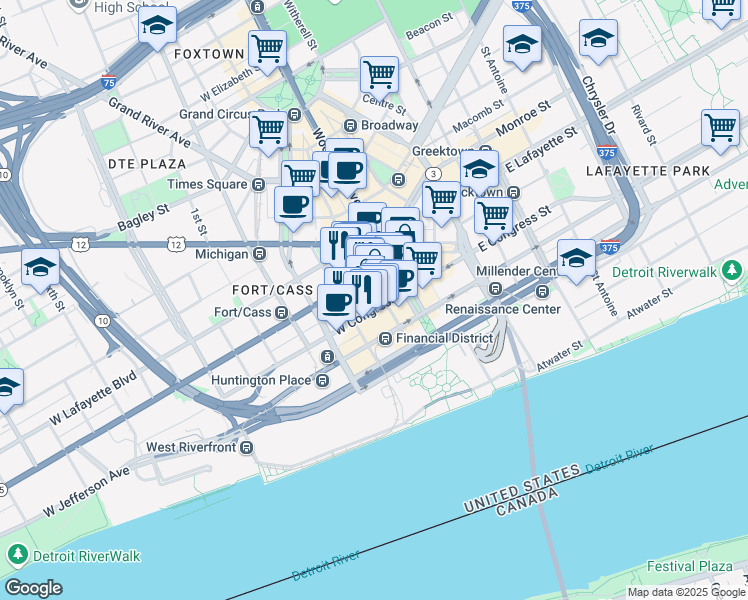 map of restaurants, bars, coffee shops, grocery stores, and more near 719 Griswold Street in Detroit
