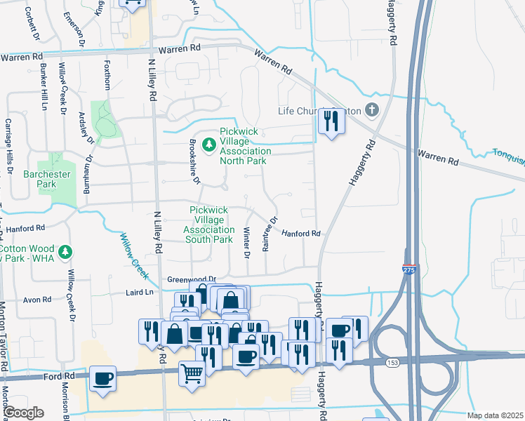 map of restaurants, bars, coffee shops, grocery stores, and more near 41744 Hanford Rd in Canton