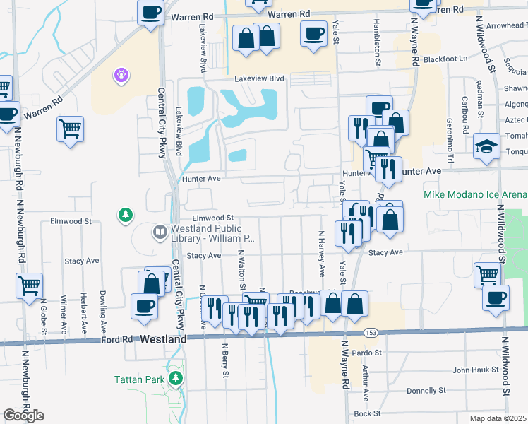 map of restaurants, bars, coffee shops, grocery stores, and more near 35881 Castlewood Ct in Westland