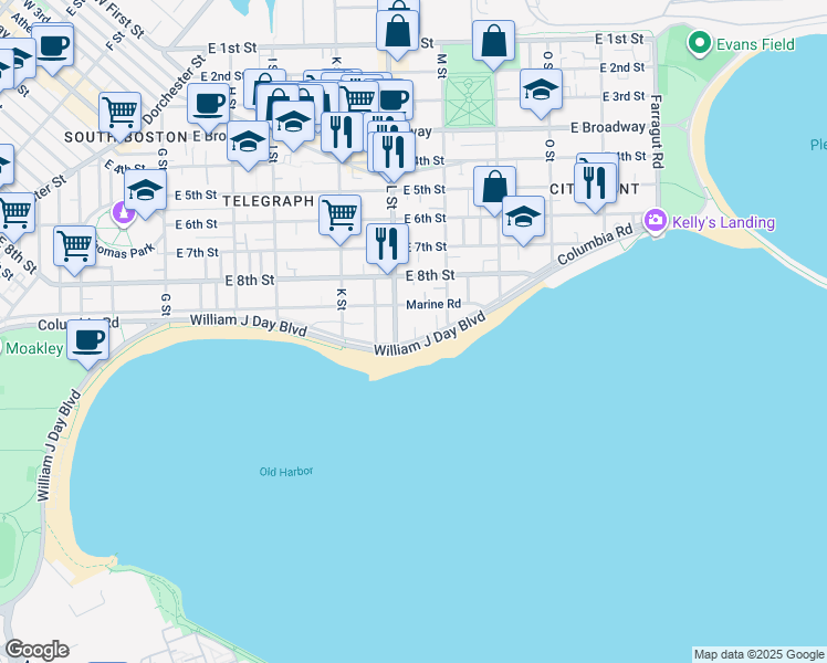 map of restaurants, bars, coffee shops, grocery stores, and more near 1716 Columbia Road in Boston