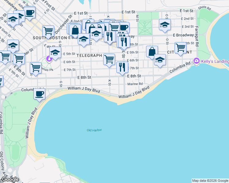 map of restaurants, bars, coffee shops, grocery stores, and more near 406 K Street in Boston