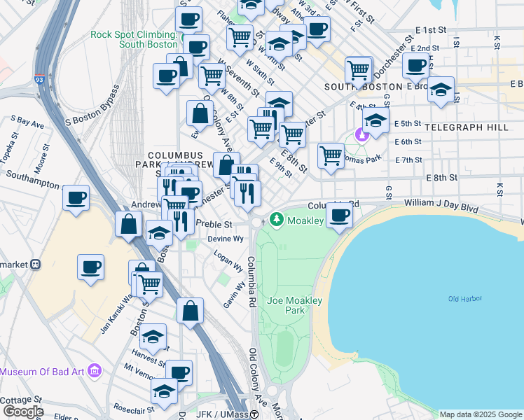 map of restaurants, bars, coffee shops, grocery stores, and more near 290 Old Colony Avenue in Boston