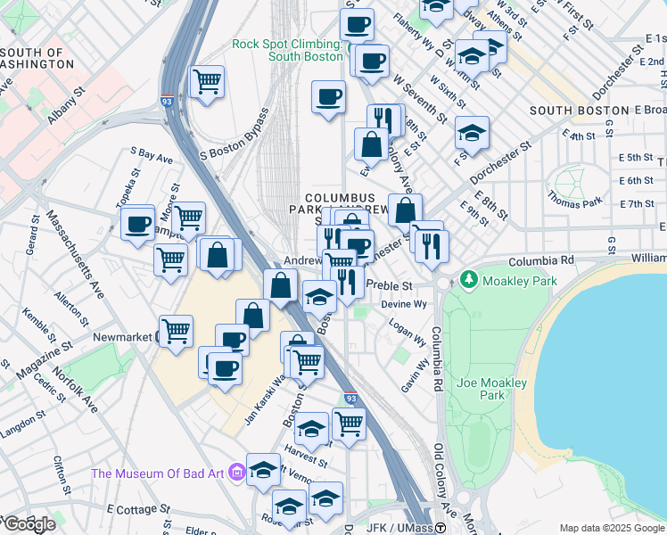map of restaurants, bars, coffee shops, grocery stores, and more near 496 Southampton Street in Boston
