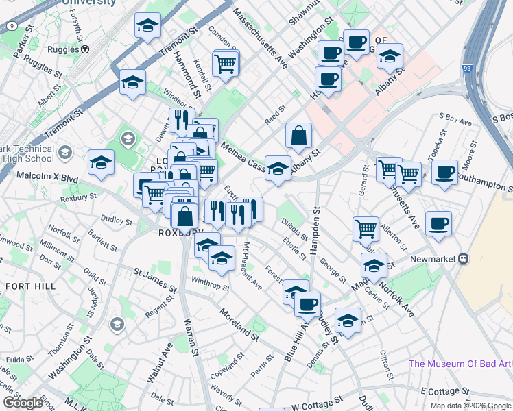 map of restaurants, bars, coffee shops, grocery stores, and more near 949-977 Albany Street in Boston